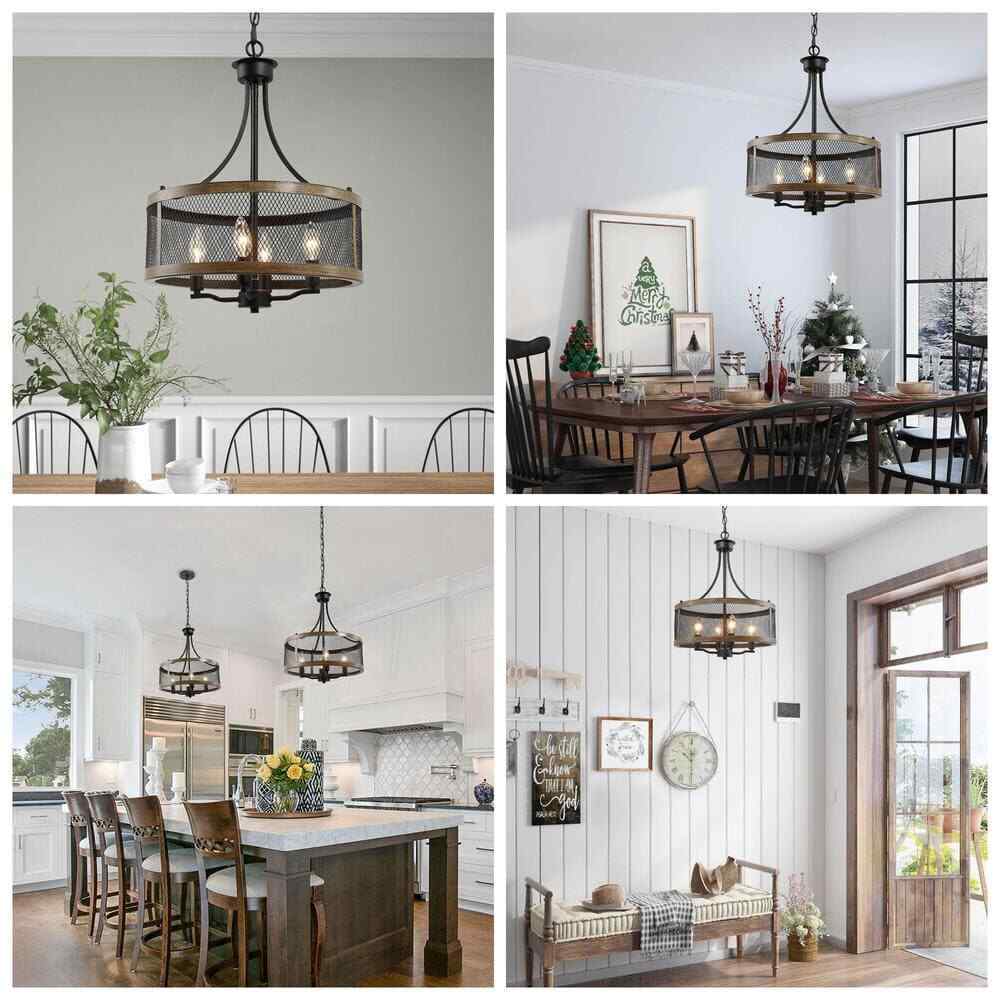 LALUZ Black Farmhouse 4-Light Drum Bronze Modern Round Chandelier Island Light