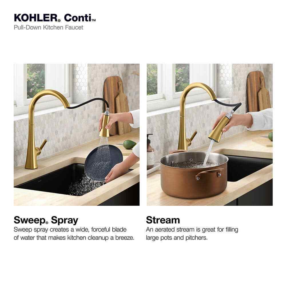 KOHLER Conti Single Handle Pull Down Sprayer Kitchen Faucet Brushed Brass