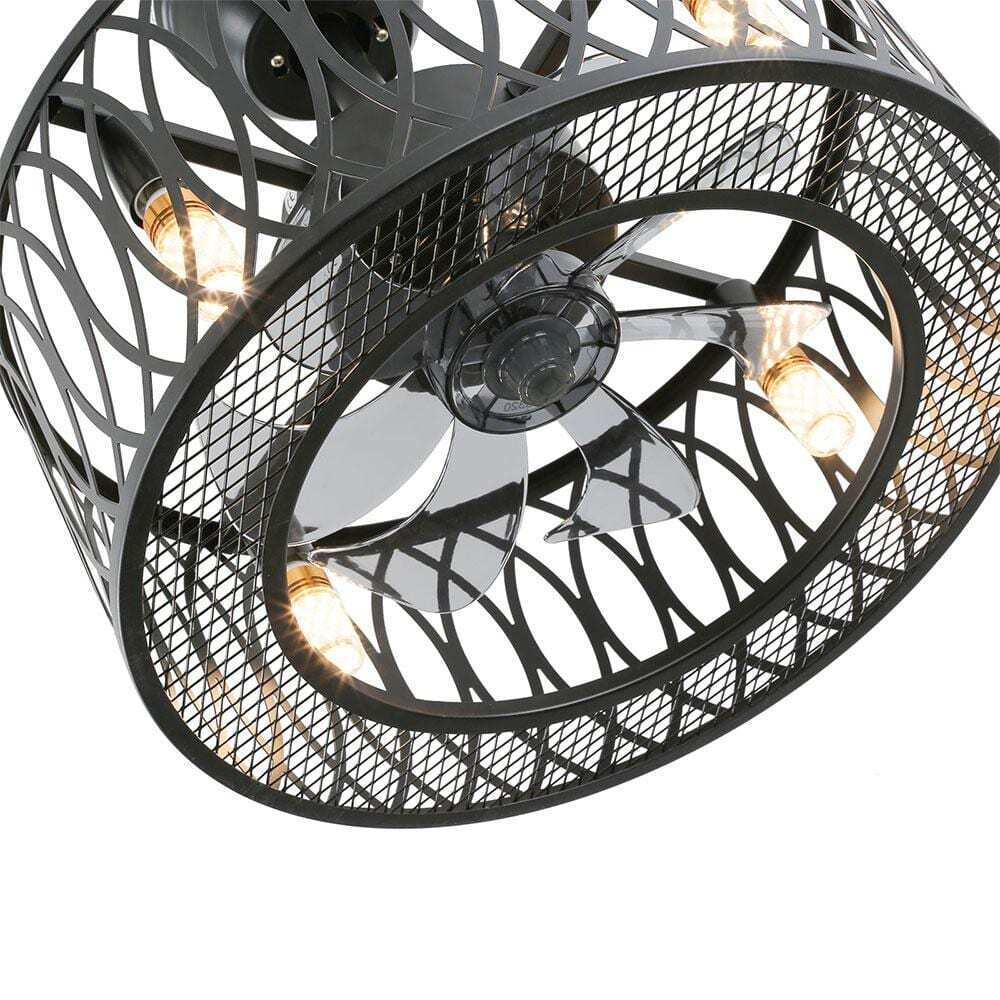 OUKANING Black Metal Caged Vintage Ceiling Fan w/ Light Kit and Remote Control