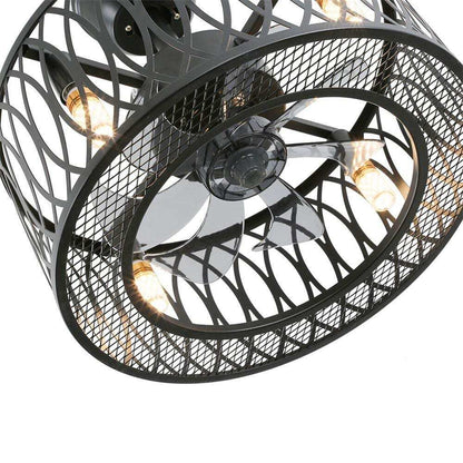 OUKANING Black Metal Caged Vintage Ceiling Fan w/ Light Kit and Remote Control