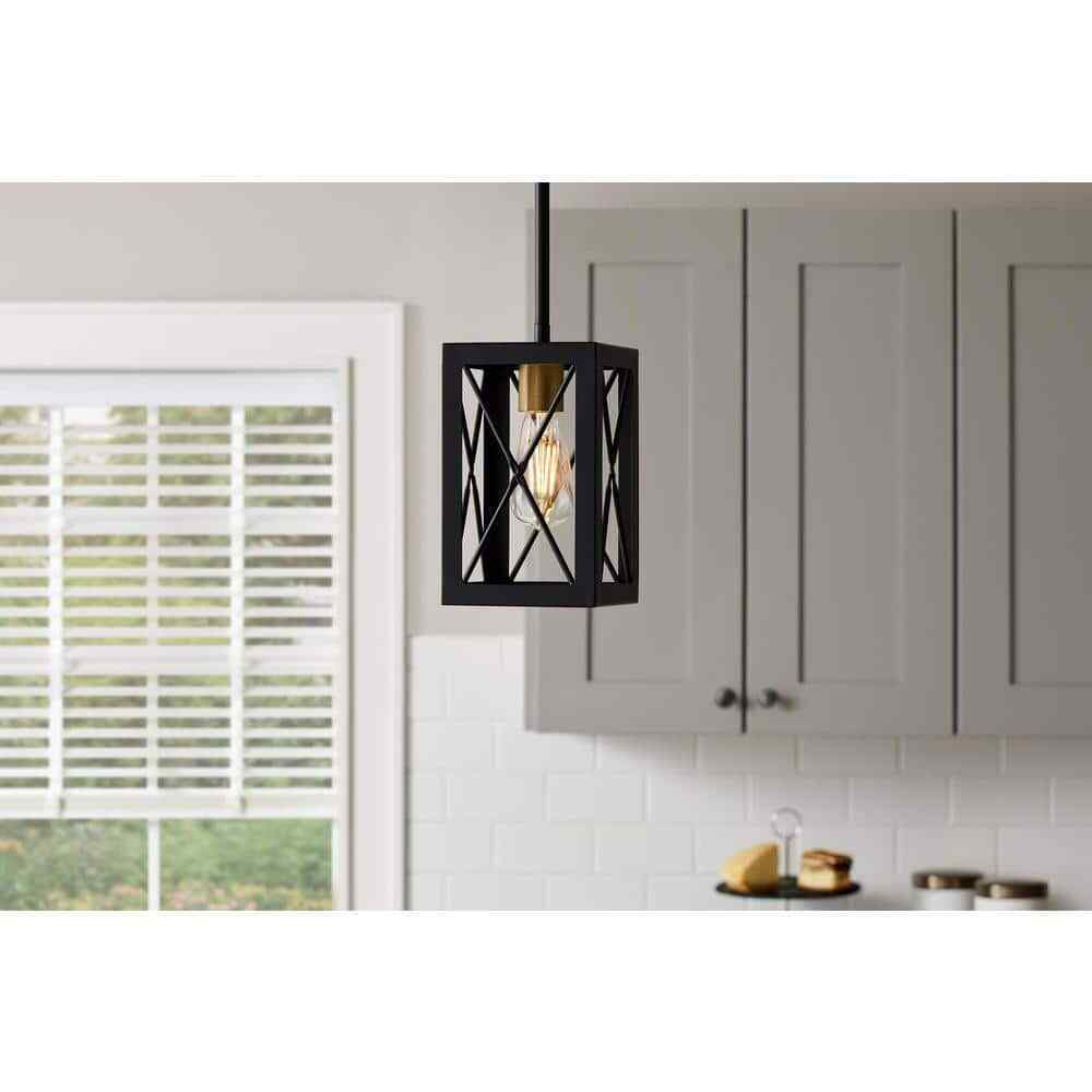 Home Decorators 1-Light Matte Black Mini Pendant Rectangular Cage Hanging Light