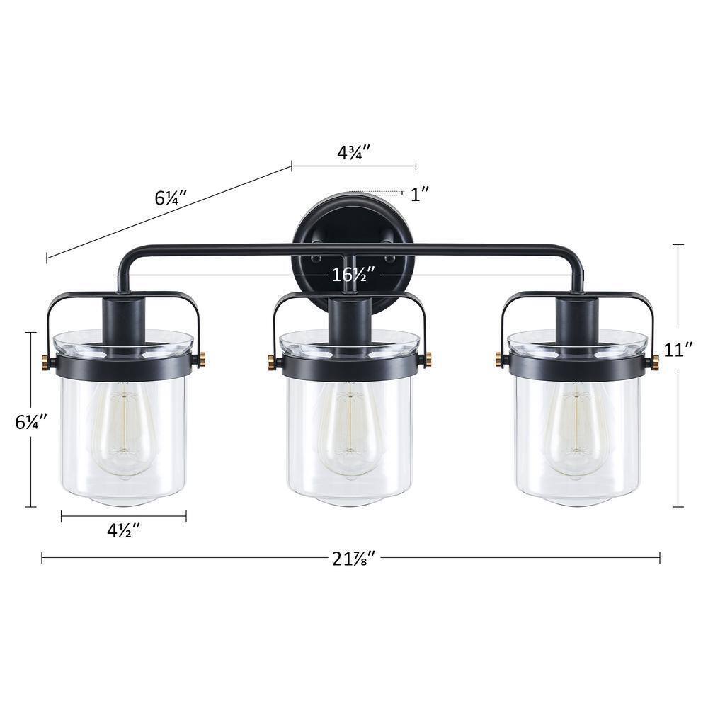 Merra 22 in. 3-Light Matte Black Vanity Light with Clear Glass Shade