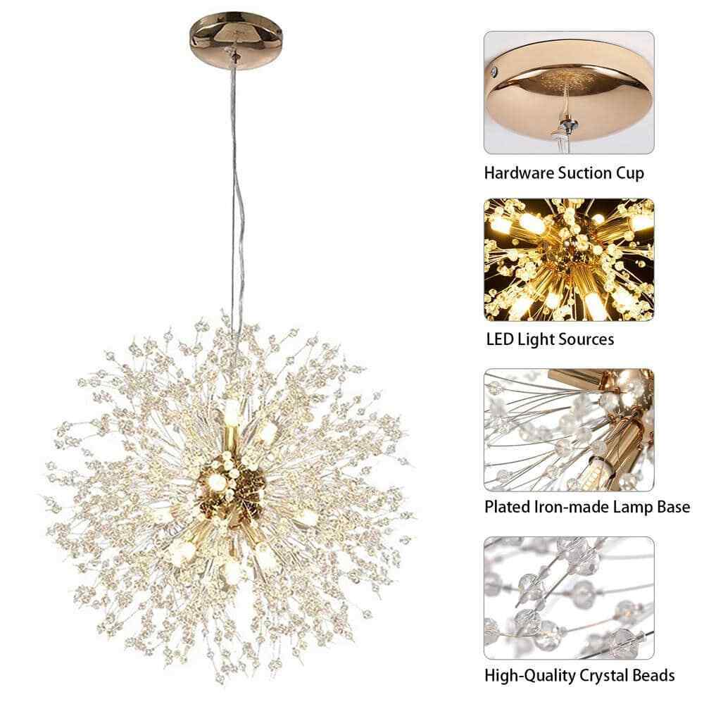 LamQee 8-Light 15.7 in. Gold Dandelion Firework Chandelier Crystal Pendant Light