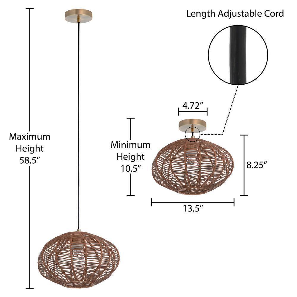 River of Goods Emilia Light Bronze Hanging Pendant with Brown Woven Rattan Shade
