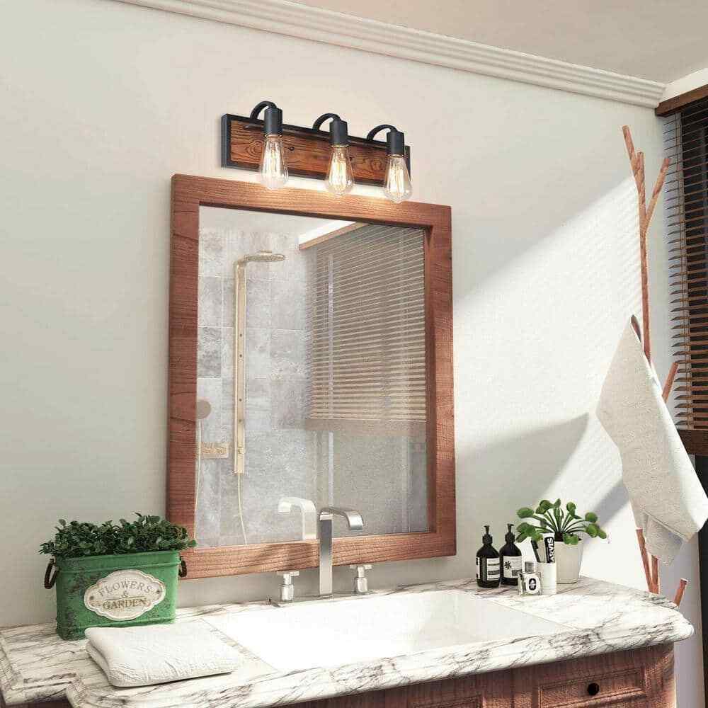 LNC Rustic Bathroom Vanity Light Wayner 3-Light Matte Black Wood Vanity Light