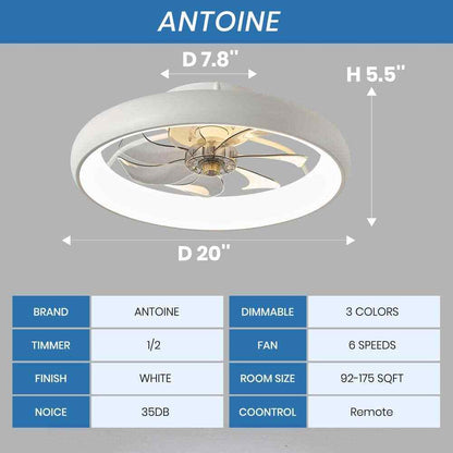 ANTOINE 20 in. LED Indoor White Bladeless App Control Low Profile Ceiling Fan