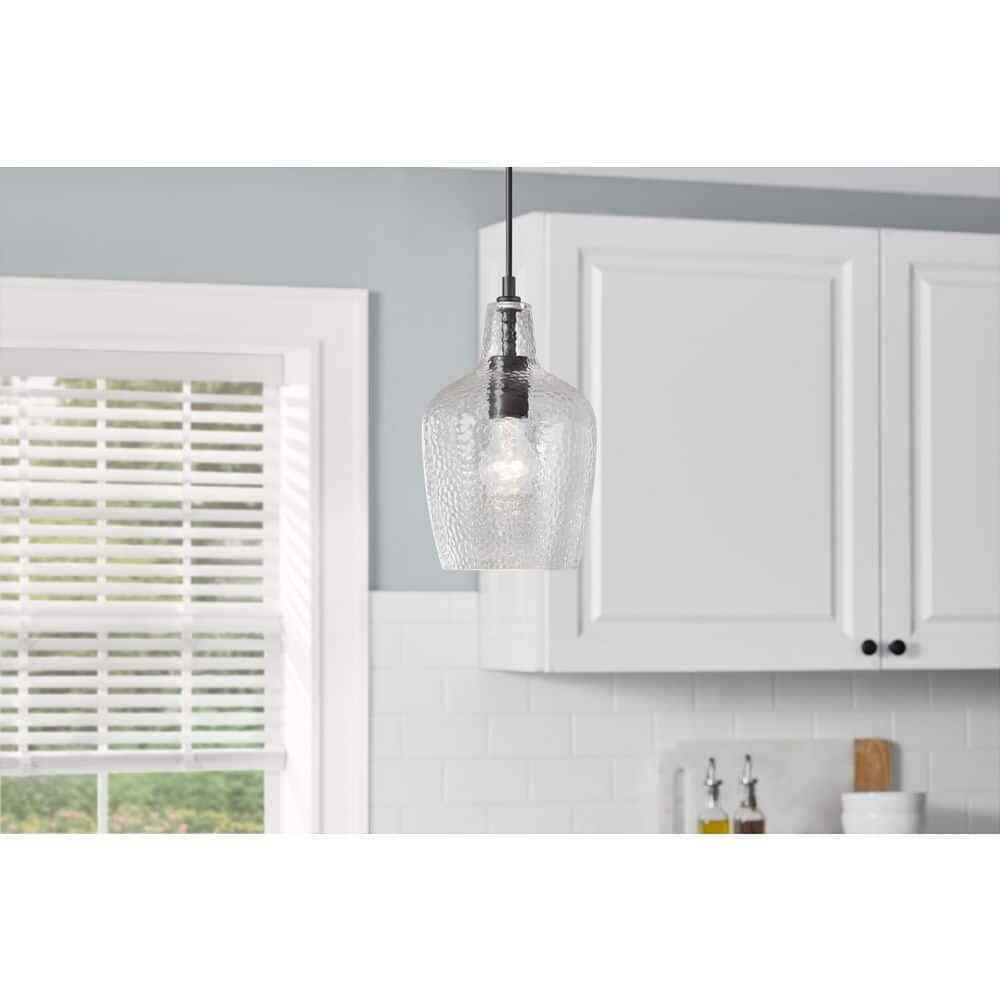 Hampton Bay Gillian 1-Light Coal Mini-Pendant Light with Clear Hammered Glass