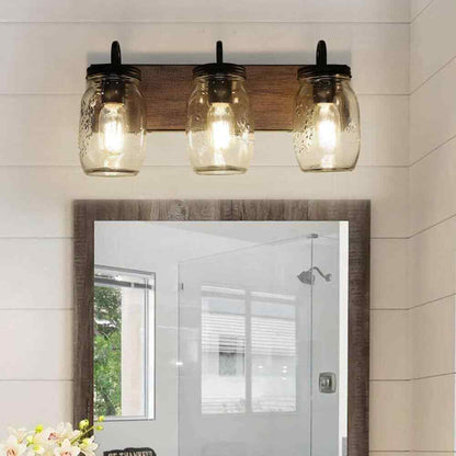 LNC Vanity Light 3-Light Black w/ Brown Faux Wood Accent Clear Mason Jar Shades