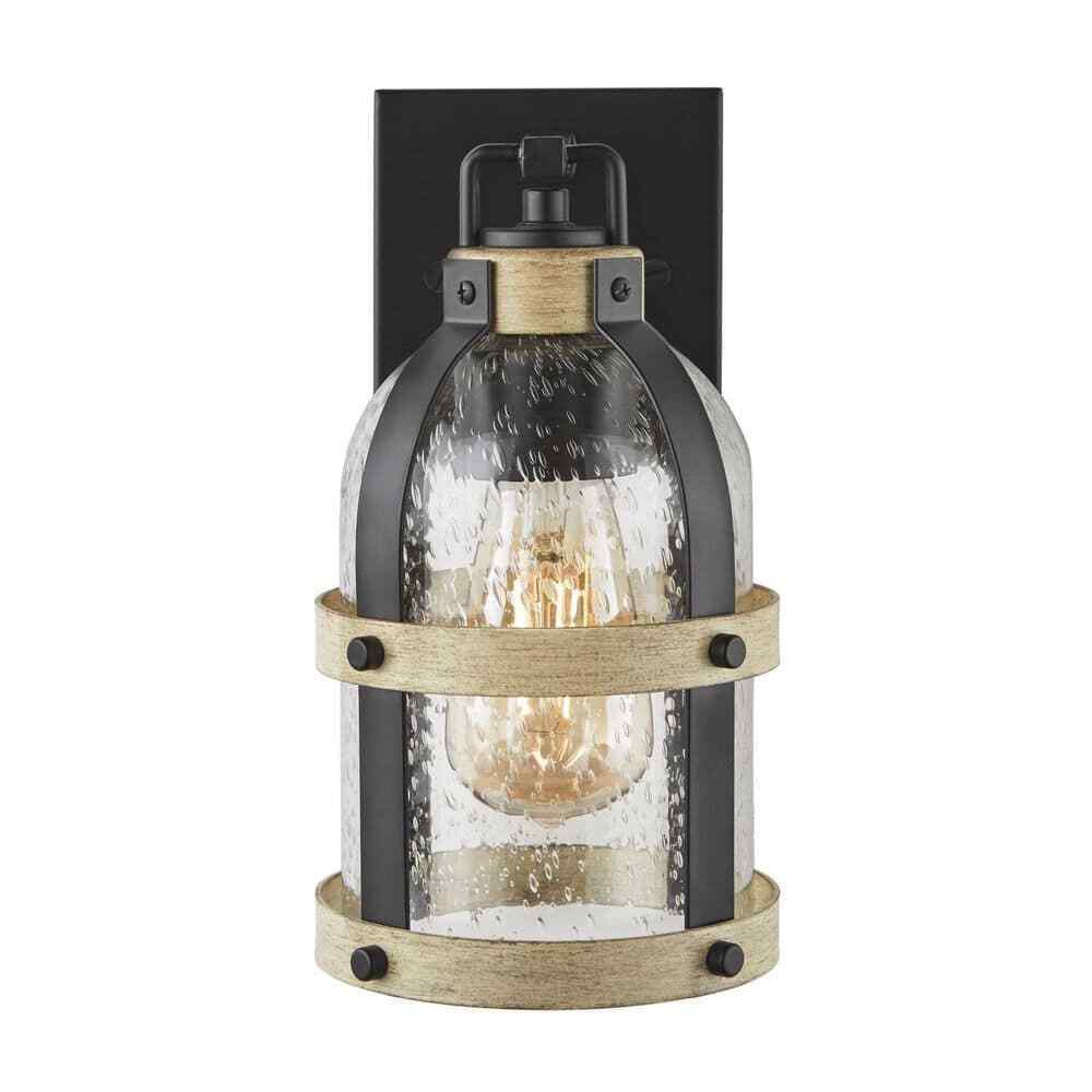 Hampton Bay Vinwood 1-Light Matte Black and Faux Wood Hardwired Wall Sconce