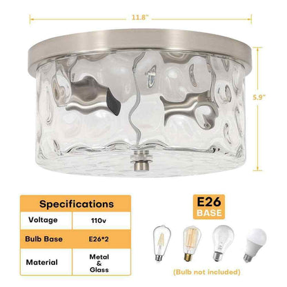 LamQee 12 in. 2-Light Brushed Nickel Ceiling Light w/ Water Rippled Glass Shade