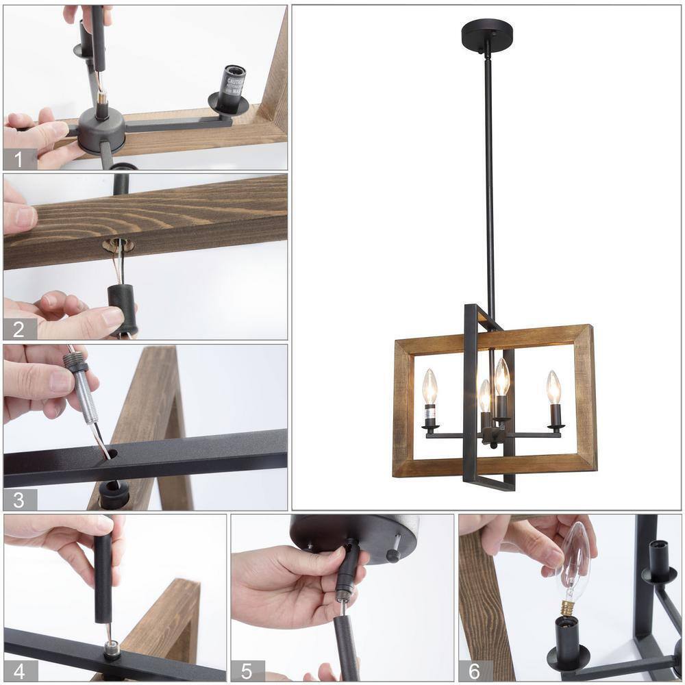 LNC 4-Light Black Modern Farmhouse Geometric Caged Wood Candelabra Chandelier