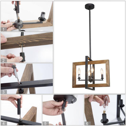 LNC 4-Light Black Modern Farmhouse Geometric Caged Wood Candelabra Chandelier