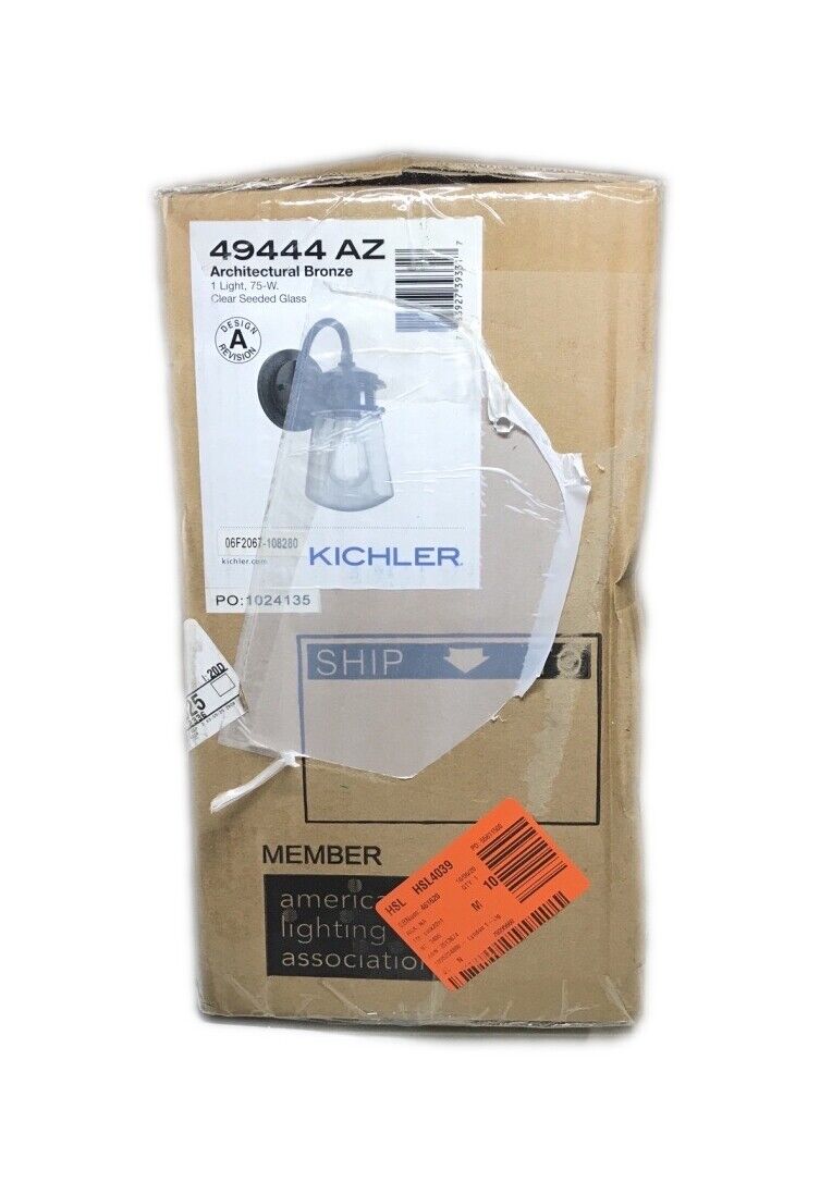 KICHLER Lyndon 1-Light Bronze Wall Sconce Outdoor Light with Clear Seeded Glass