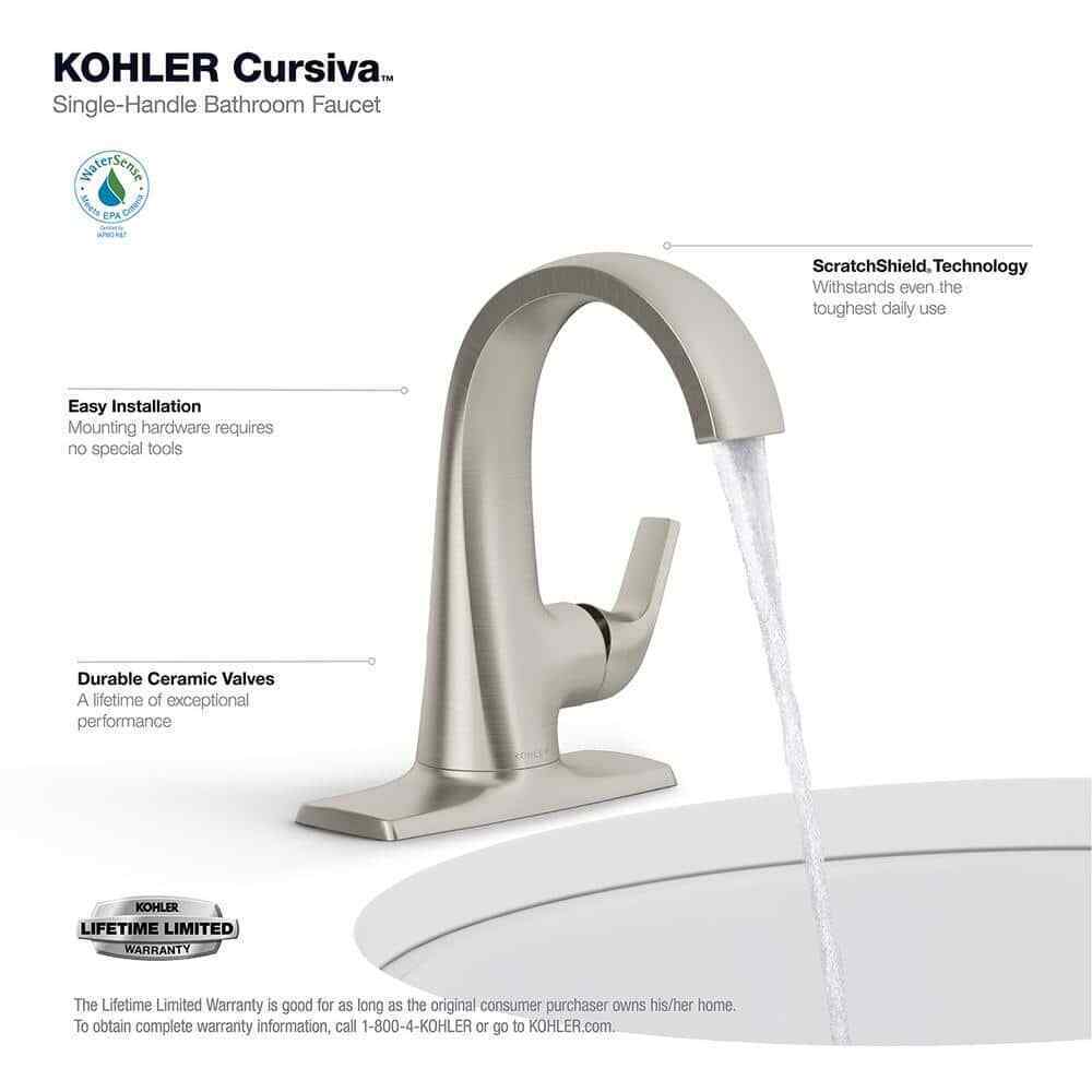 KOHLER Cursiva Single Handle Single Hole Bathroom Faucet, Vibrant Brushed Nickel
