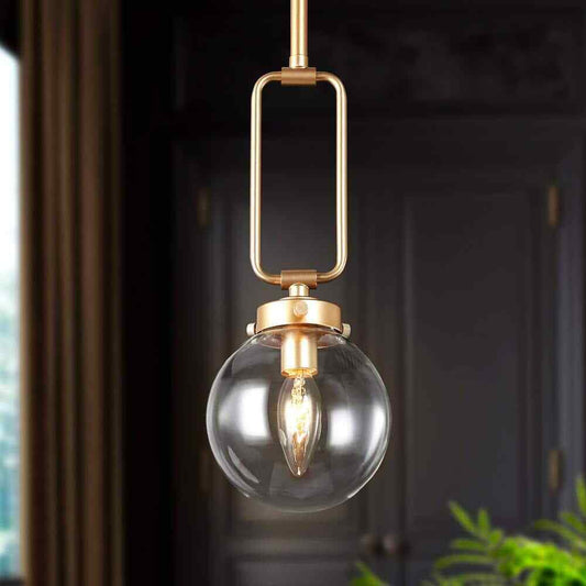 Uolfin Modern Globe Pendant Light Brass Gold Round Chandelier Clear Glass Shade