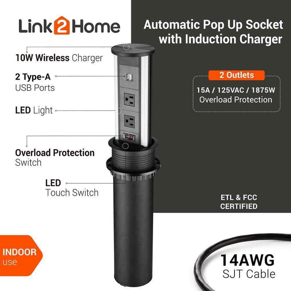 Link2Home 2-Outlets Automatic Pop Up Socket w/10-Watt Induction Wireless Charger