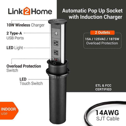 Link2Home 2-Outlets Automatic Pop Up Socket w/10-Watt Induction Wireless Charger
