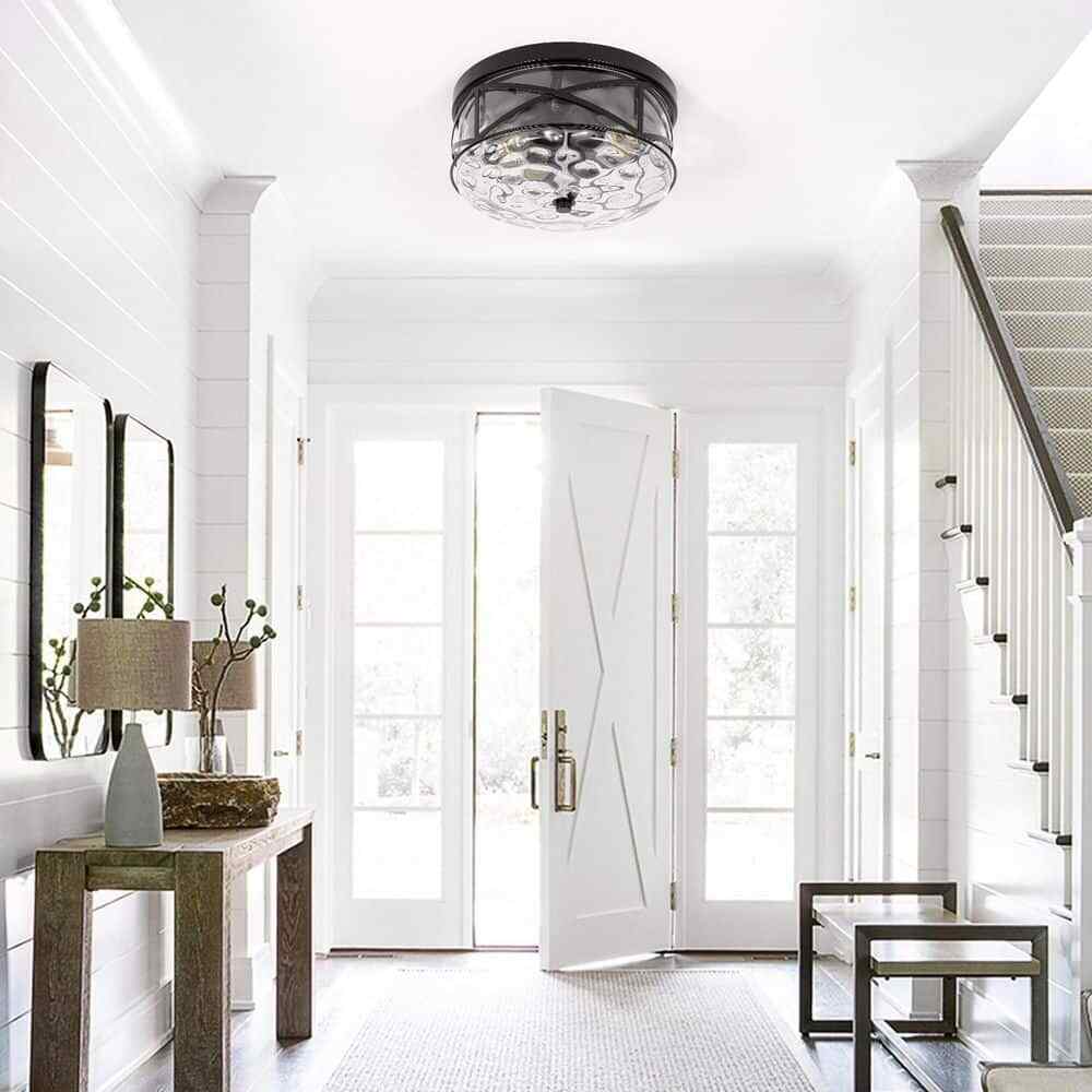 LamQee 12 in. 2-Light Black Flush Mount Water Ripple Glass Ceiling Light