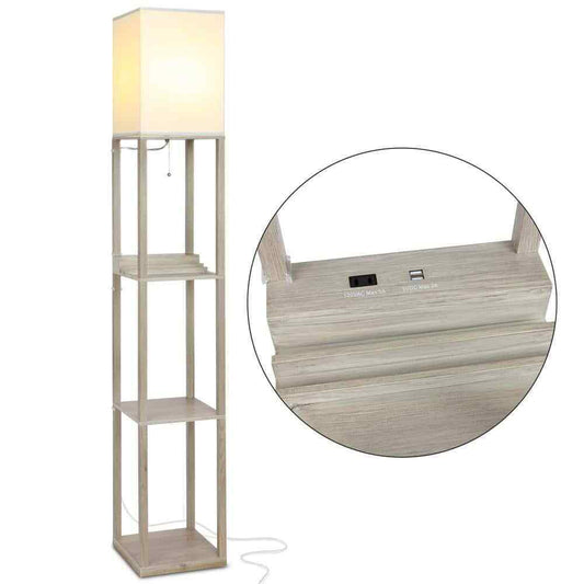 Brightech Maxwell Rustic Wood USB Charging LED Floor Lamp w/ Fabric Square Shade