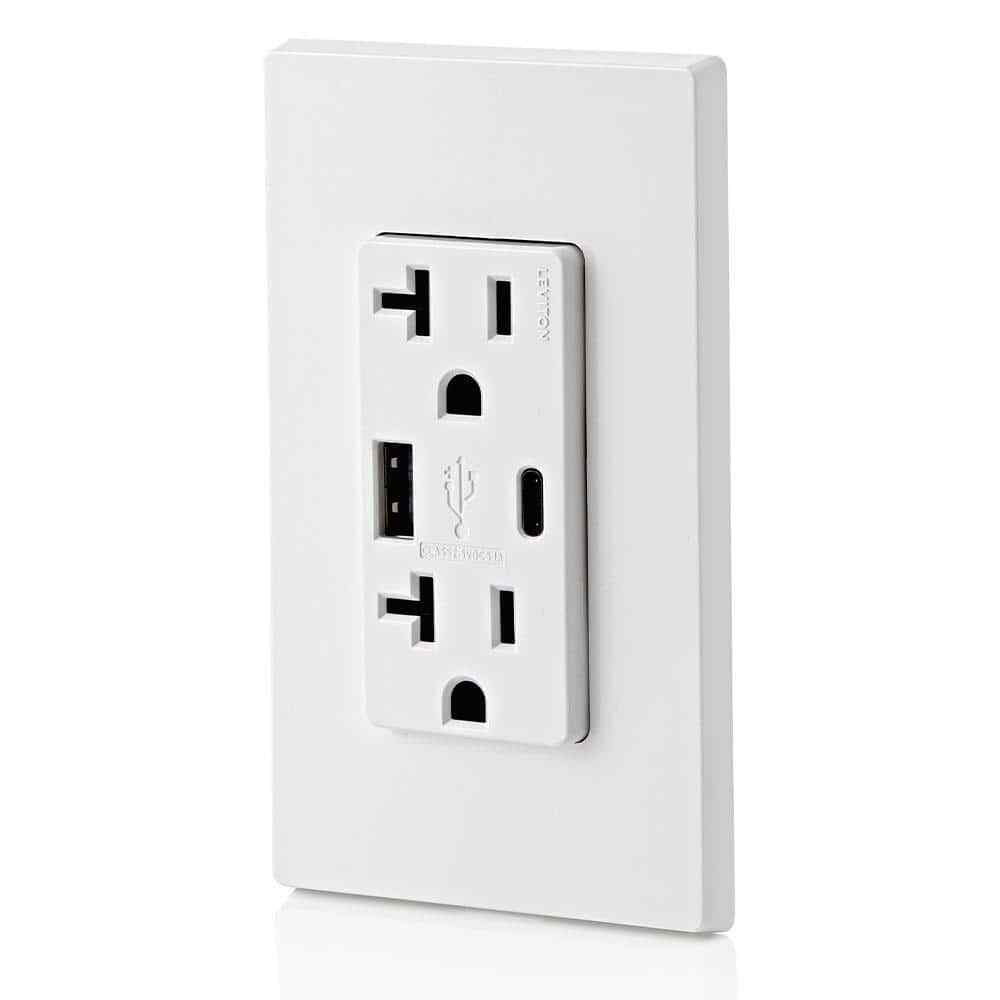 Leviton 20 Amp Tamper Resistant Duplex Outlet w/ Type A and C USB Chargers White