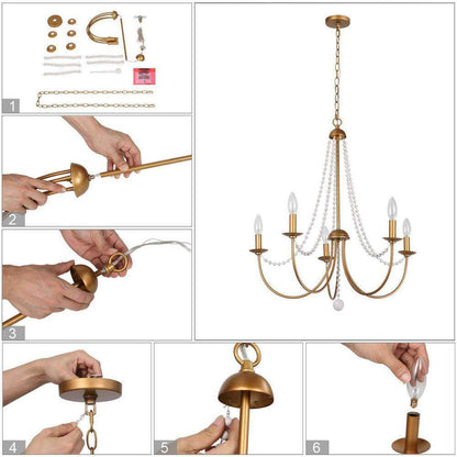 Uolfin Modern Dining Room 5-Light Brushed Gold Candlestick Chandelier