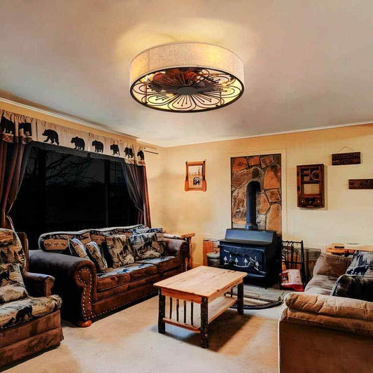 TOZING Indoor Bronze Fabric Farmhouse Flush Ceiling Fan w/ Light Kit and Remote