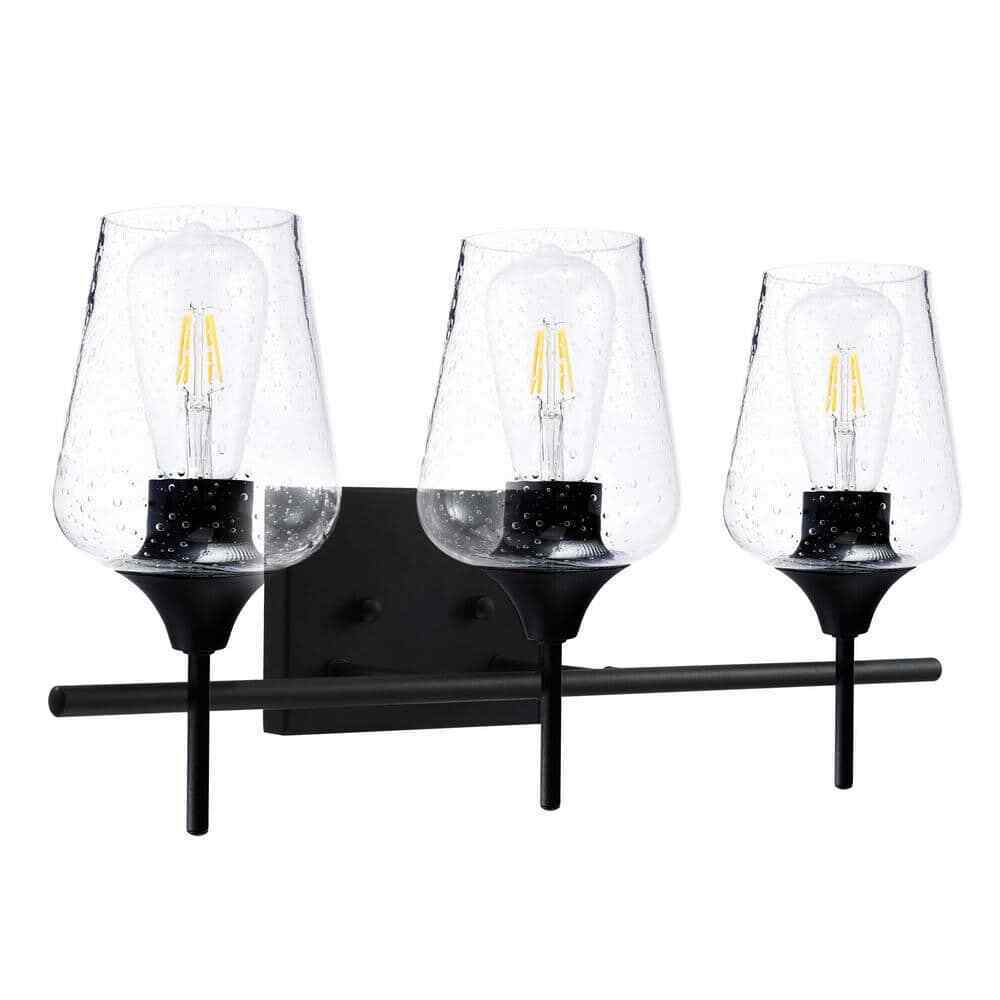 Merra 3-Light Black Bathroom Vanity Light with Seeded Glass Shades