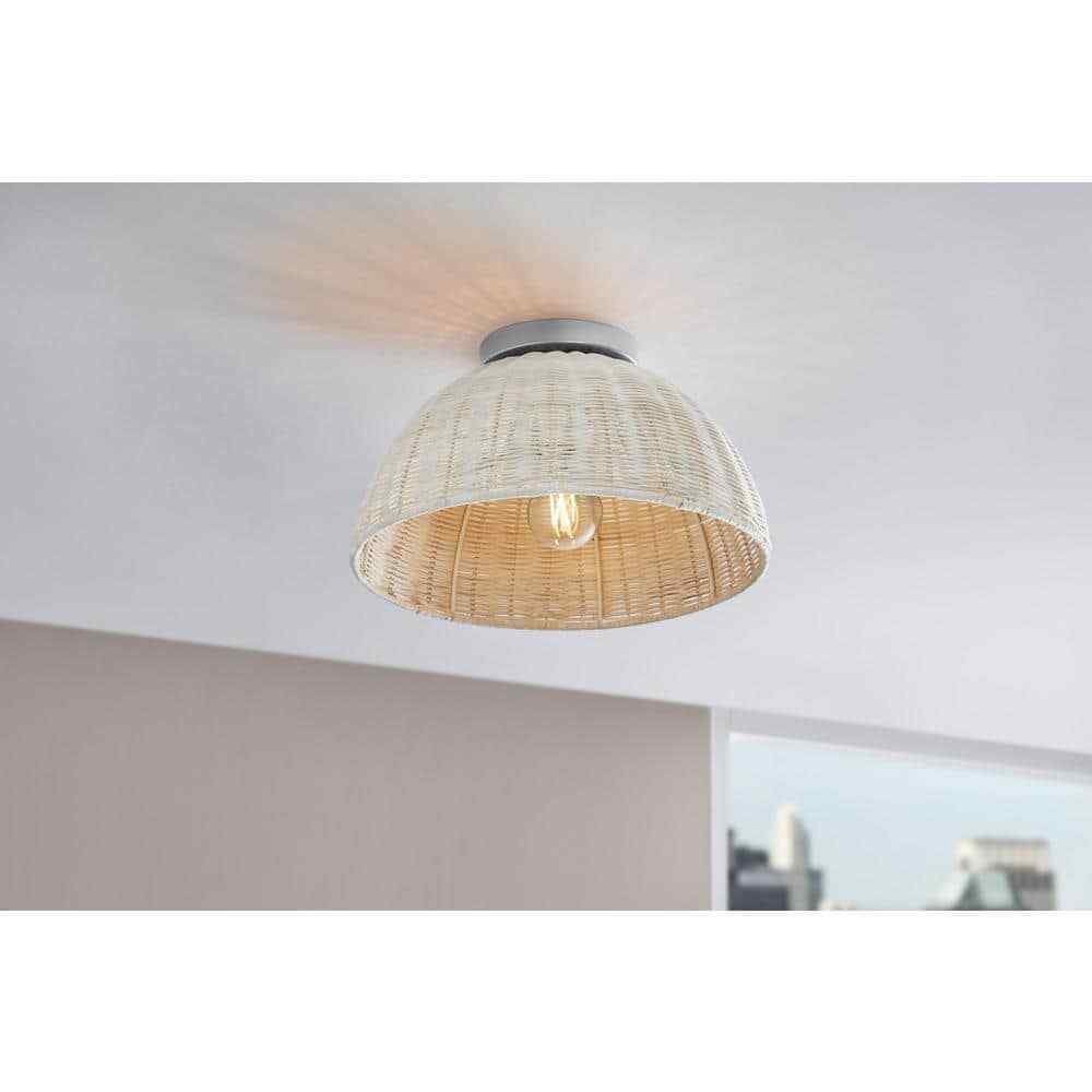 Hampton Bay Highler 13 in. Silver Flush Mount with White Rattan Shade HD5887E5