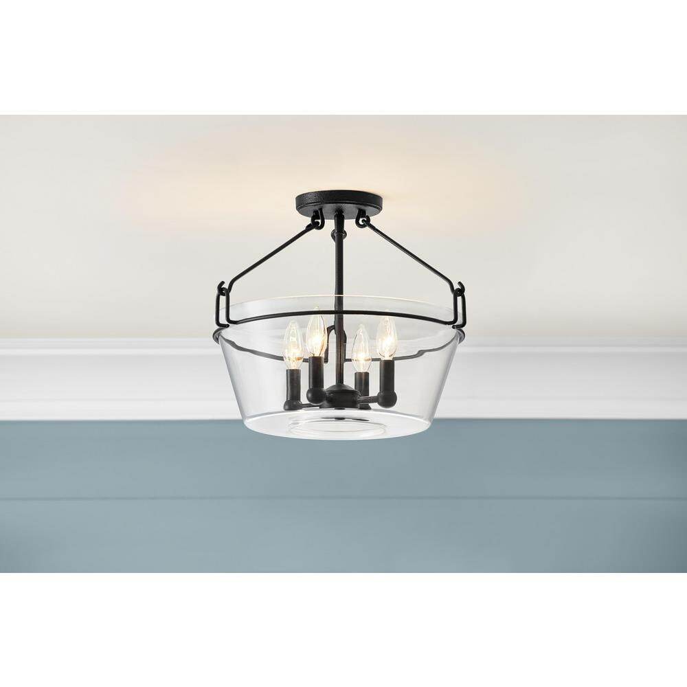 Home Decorators Crestlane 16.5 in. 4-Light Black Semi-Flush Mount Glass Fixture