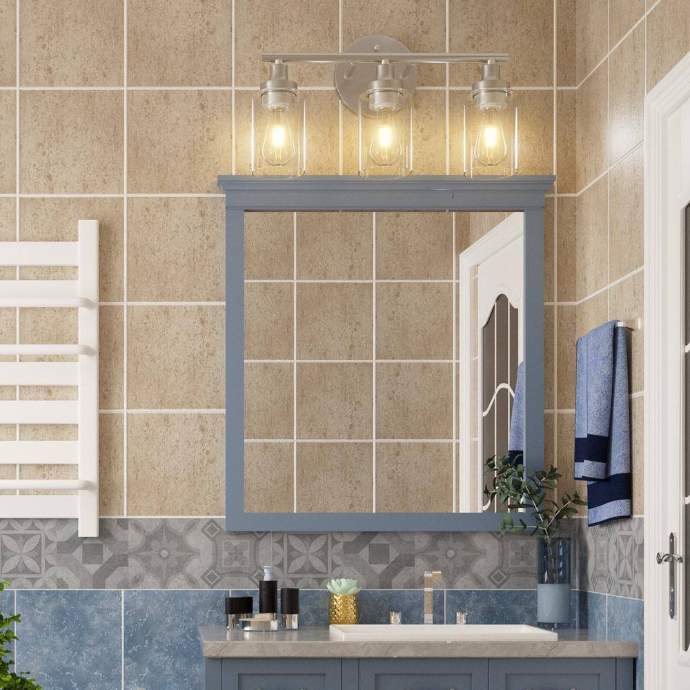 Merra 17 in. 3-Light Modern Brushed Nickel Vanity-Light with Clear Glass Shade