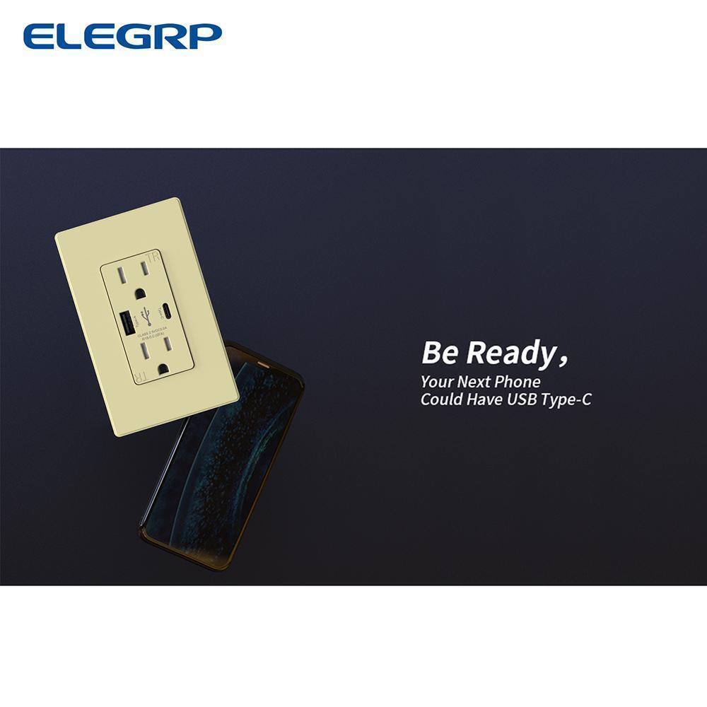 ELEGRP 25-Watt 15 Amp Type A and C Dual USB Charger w/ Duplex Outlet, Ivory