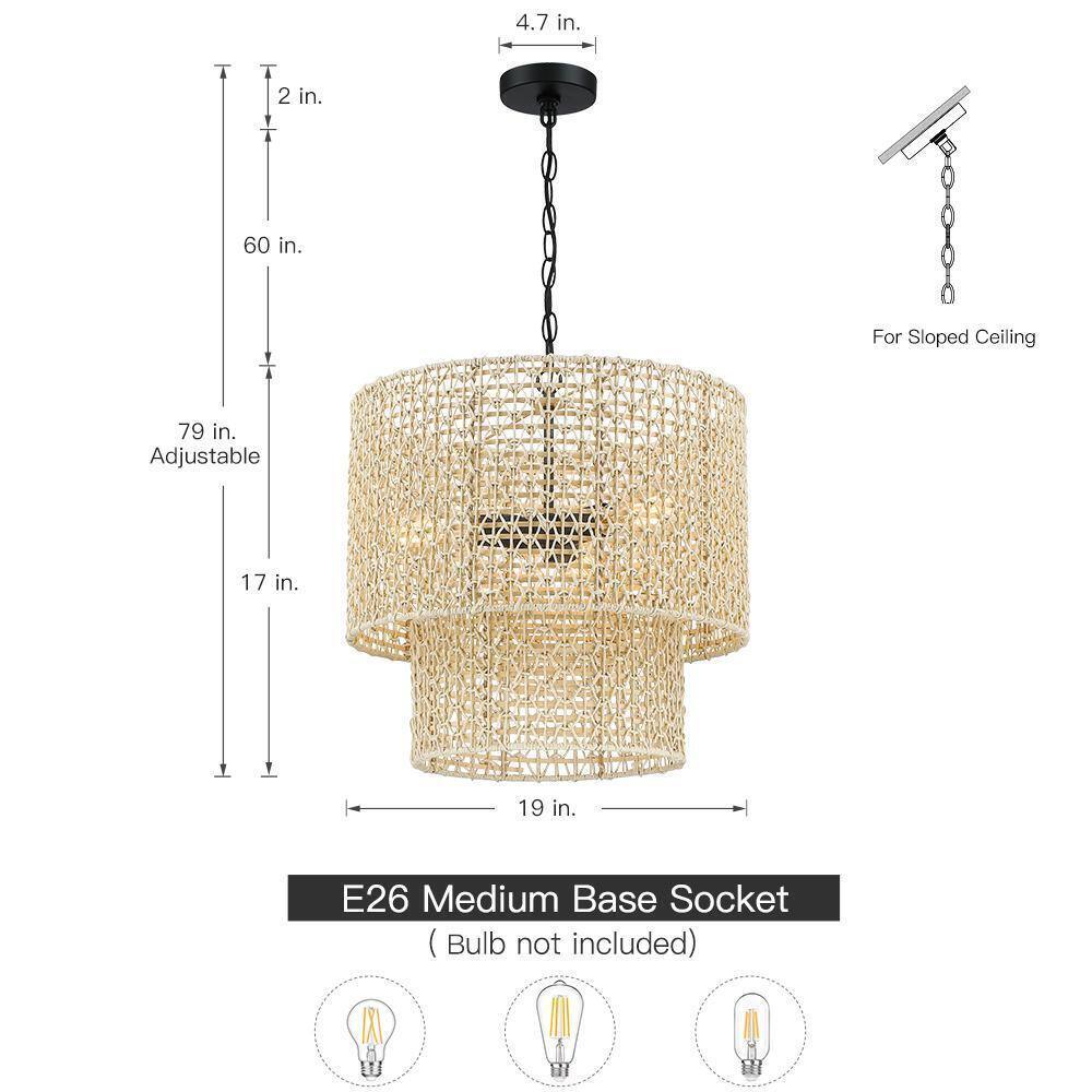 TRUE FINE Bohe 19 in. 4-Light Bohemian Pendant with Natural Rattan Shade