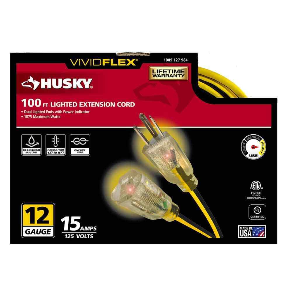 Husky VividFlex 100 ft. 12/3 Heavy Duty Extension Cord w/ Lighted End, Yellow