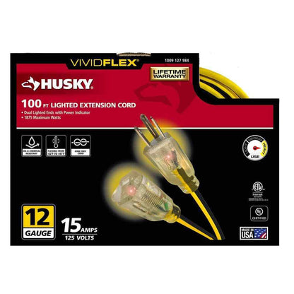 Husky VividFlex 100 ft. 12/3 Heavy Duty Extension Cord w/ Lighted End, Yellow