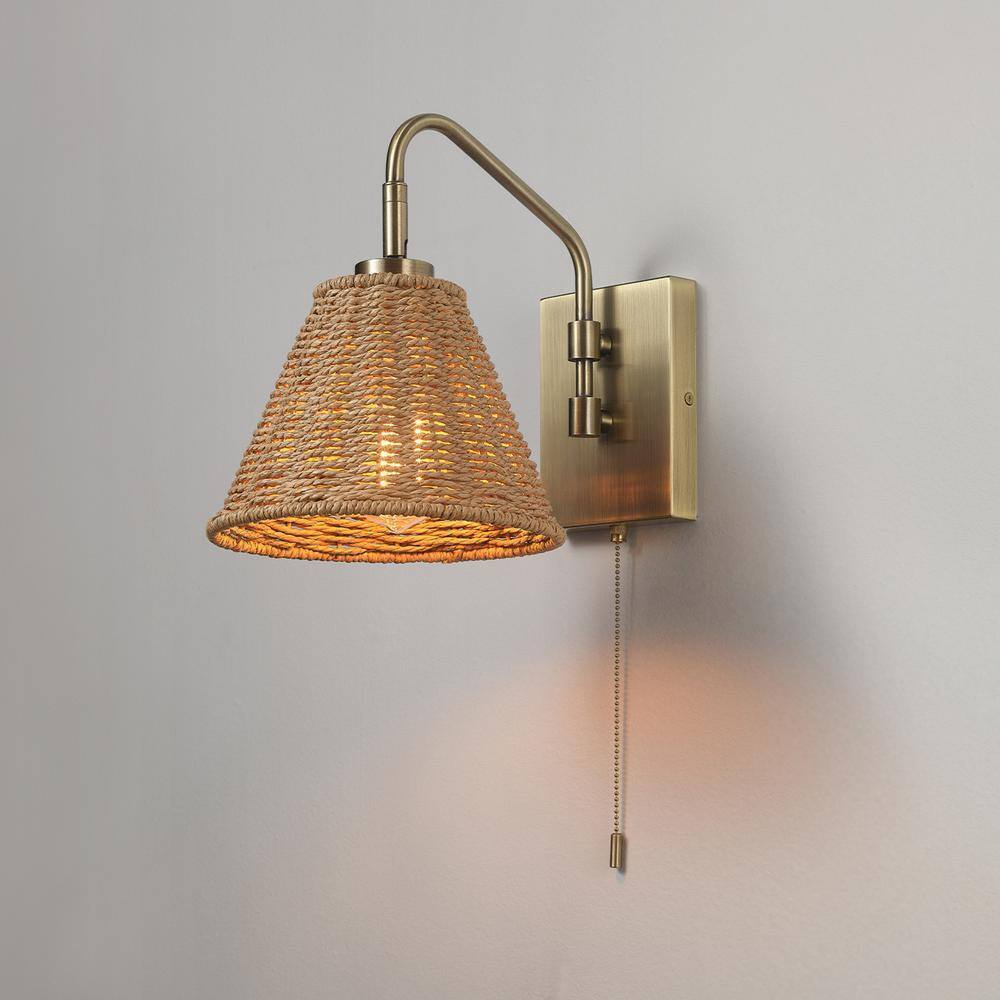 Globe Electric Novogratz Matte Brass Finish Wall Sconce w/ Rattan Wood Shade