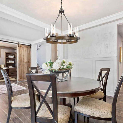 LNC Textured Brown Round Chandelier 6-Light Brushed Silver Wagon Wheel