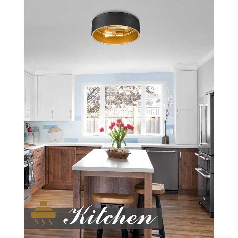 ZACHVO 14 in. 2-Light Black Gold Close 2 Ceiling Light Fixture Flush Mount Light