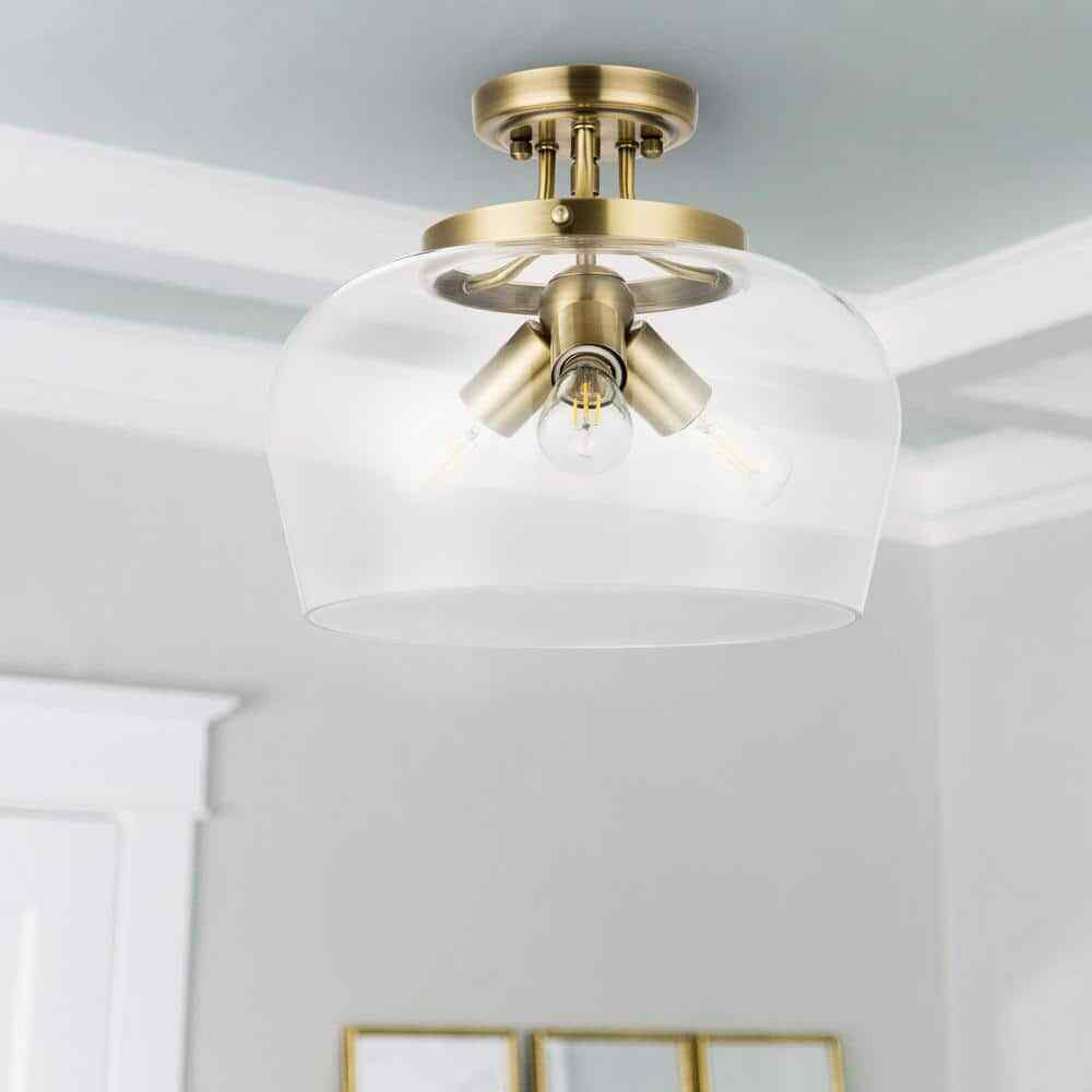 Merra 11 in. 3-Light Antique Brass Semi-Flush Mount Ceiling Light w/ Glass Shade