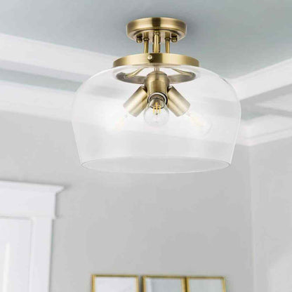 Merra 11 in. 3-Light Antique Brass Semi-Flush Mount Ceiling Light w/ Glass Shade