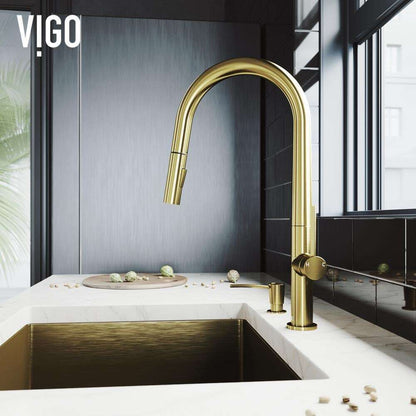 VIGO Greenwich Pull-Down Sprayer Kitchen Faucet w/ Soap Dispenser Brushed Gold