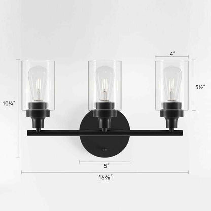 Merra 17 in. 3-Light Modern Matte Black Vanity-Light with Clear Glass Shade