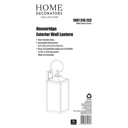 Home Decorators Havenridge 27.8 in. 3-Light Black Hardwired Outdoor Wall Lantern