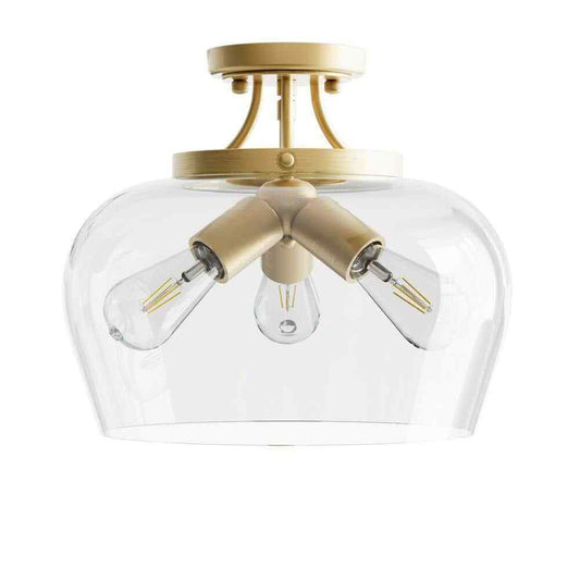 Merra 11 in. 3-Light Antique Brass Semi-Flush Mount Ceiling Light w/ Glass Shade