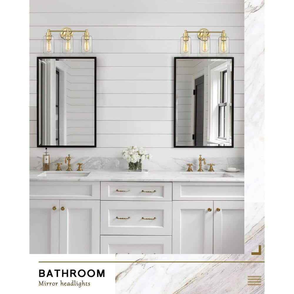 JAZAVA 17.25 in. 3-Light Champagne Bronze Vanity Light with Clear Glass Shade