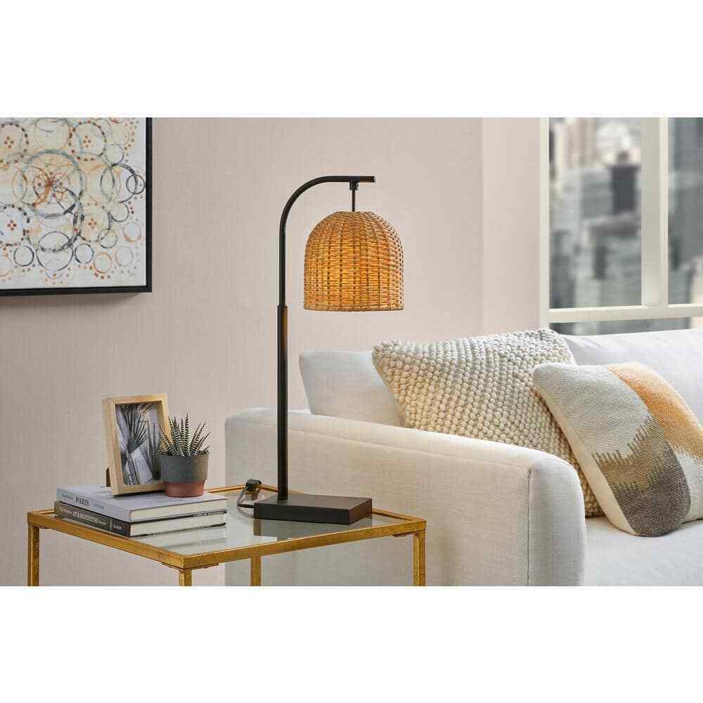 Hampton Bay Piping 24 in. Matte Black Table Lamp with Rattan Shade RS2203120T