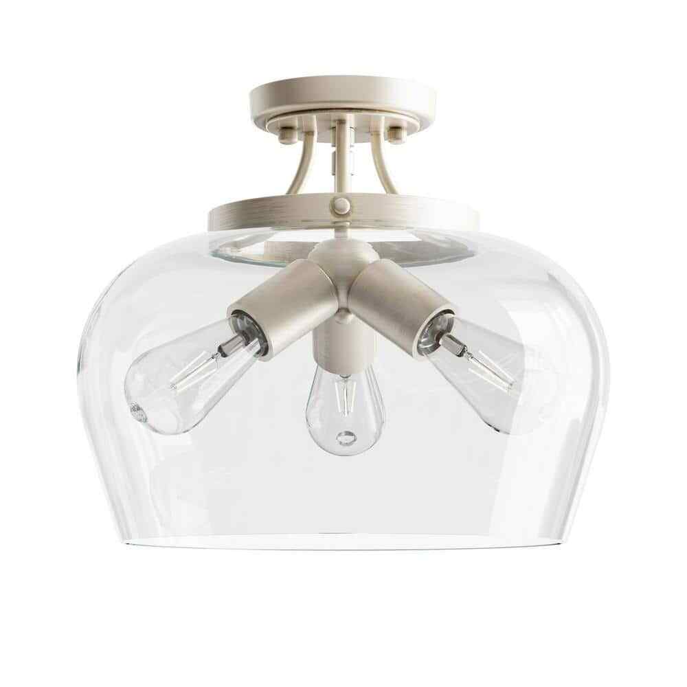Merra 3-Light Blushed Nickel Semi Flush Mount Ceiling Light with Glass Shade