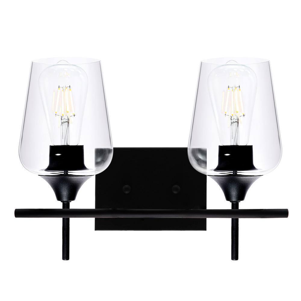 Merra 2-Light Matt Black Vanity Light Bathroom with Clear Glass Shades