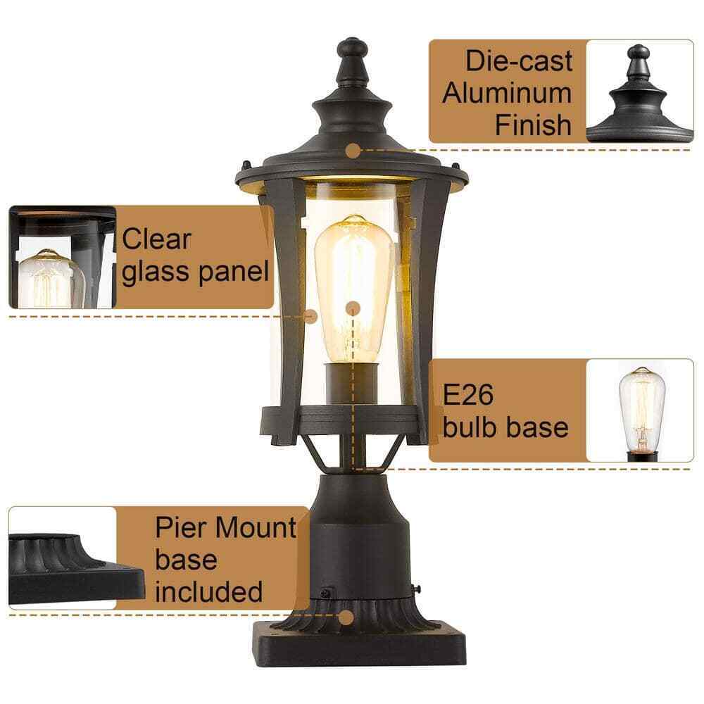 JAZAVA 1-Light Black Outdoor Pier Mount Post Lantern Lamp Lights 2 Pack