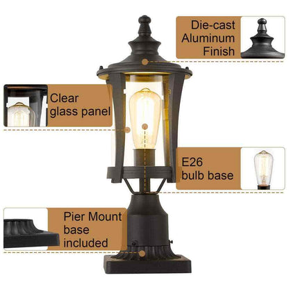 JAZAVA 1-Light Black Outdoor Pier Mount Post Lantern Lamp Lights 2 Pack