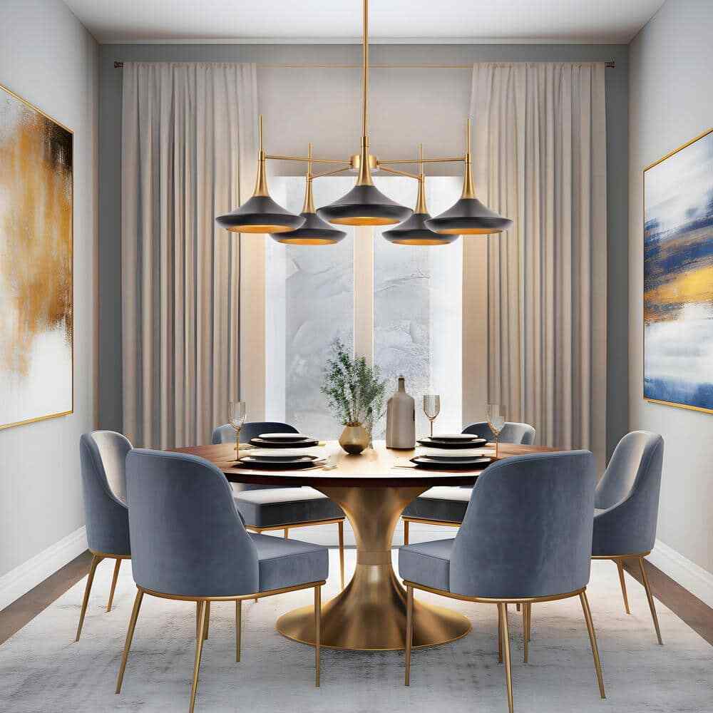 LNC Modern Matte Black Island Chandelier w/ Bell Metal Shades
